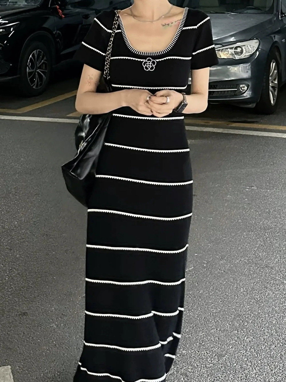 ZARA Summer Solid Color Bodycon Slim Fit Pleated Long Dress Regular Collar